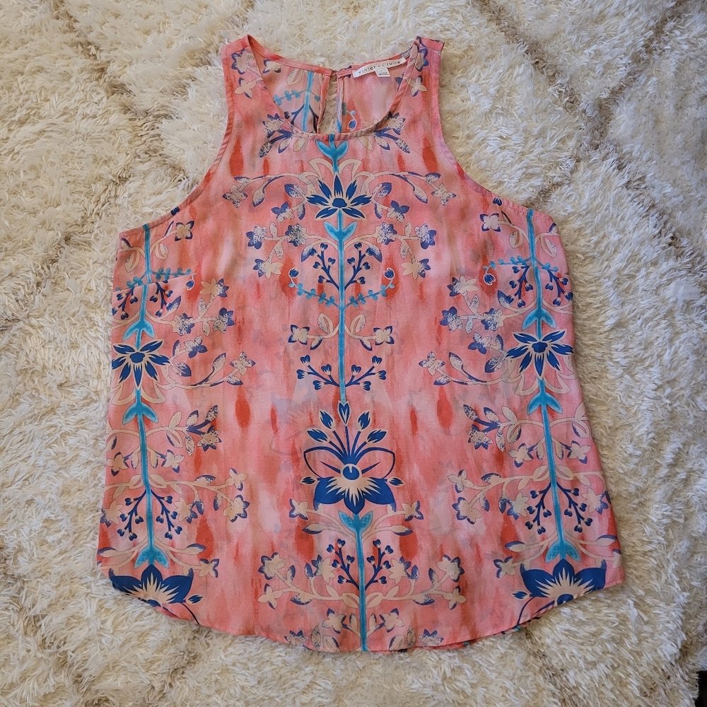 Violet & Claire Floral Boho Sleeveless Blouse Peach Blue Medallion Print Top